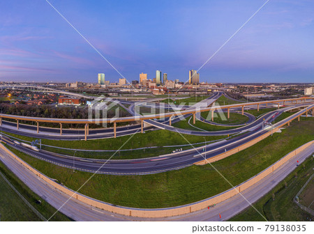 Aerial panorama picture of the Fort Worth skyline at sunrise with highway intersection in Texas Aerial panorama picture of the Fort Worth skyline at sunrise with highway intersection in Texas 79138035