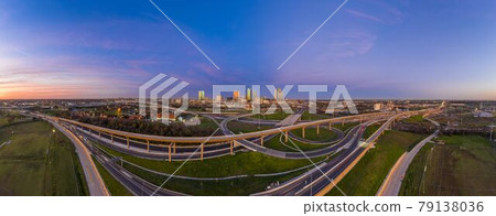 Aerial panorama picture of the Fort Worth skyline at sunrise with highway intersection in Texas Aerial panorama picture of the Fort Worth skyline at sunrise with highway intersection in Texas 79138036