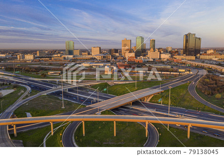 Aerial panorama picture of the Fort Worth skyline at sunrise with highway intersection in Texas Aerial panorama picture of the Fort Worth skyline at sunrise with highway intersection in Texas 79138045