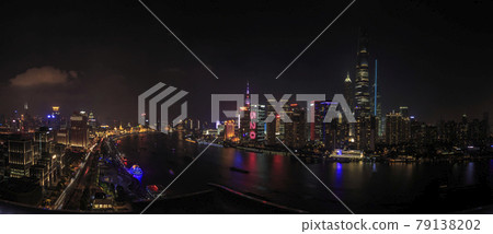 Panoramic areal view on the Bund in Shanghai at night in summer Panoramic areal view on the Bund in Shanghai at night in summer 79138202