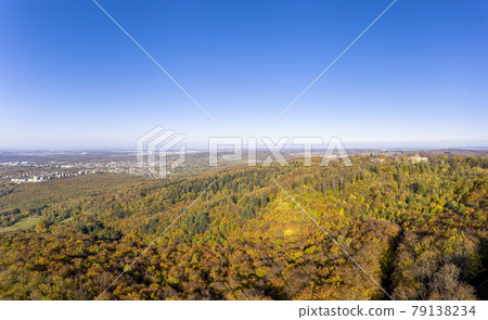 Drone photo of Frankenstein Castle near Darmstadt in Germany with a view over the Rhine-Main area Drone photo of Frankenstein Castle near Darmstadt in Germany with a view over the Rhine-Main area 79138234