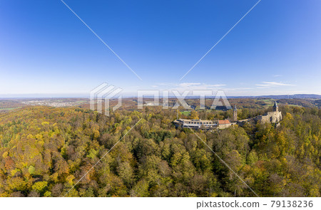 Drone photo of Frankenstein Castle near Darmstadt in Germany with a view over the Rhine-Main area Drone photo of Frankenstein Castle near Darmstadt in Germany with a view over the Rhine-Main area 79138236