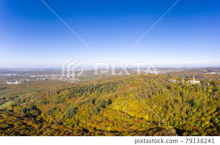 Drone photo of Frankenstein Castle near Darmstadt in Germany with a view over the Rhine-Main area Drone photo of Frankenstein Castle near Darmstadt in Germany with a view over the Rhine-Main area 79138241