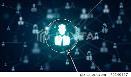 HR management, recruitment, employment, and headhunting concept. Officer looking for employee or leader with magnifier. Magnifying glass and Peoples icons. Depth of Field and 3D Rendering. 79140537