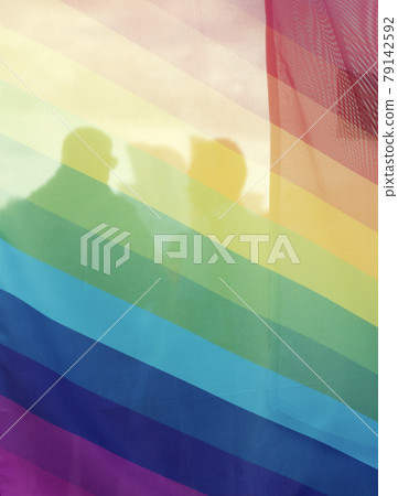 Silhouettes of two behind the rainbow flag 79142592