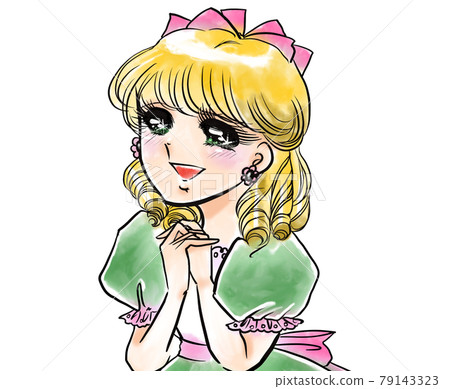 70's Shojo Manga Blonde Vertical Roll A young lady in a cute dress flutters enchantedly 79143323