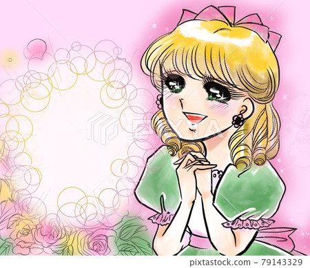 70's Shojo Manga Blonde Vertical Roll A young lady in a cute dress flutters enchantedly 79143329