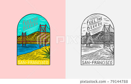 San Francisco landscape emblem. Summer Surf logo. Red bridge and blue sky. Vintage Engraved emblem 79144788
