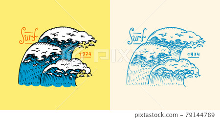 Sea wave emblem. Surfing sign. Summer Surf. Blue water. Vintage tide. Engraved emblem hand drawn 79144789