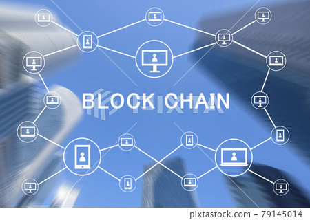 區塊鏈的圖像。以仰望商業區摩天大樓照片為背景的素材。 區塊鏈的圖像。以仰望商業區摩天大樓照片為背景的素材。 79145014
