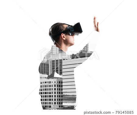 Guy wearing checked shirt and virtual mask stretching hand to touch something Guy wearing checked shirt and virtual mask stretching hand to touch something 79145085