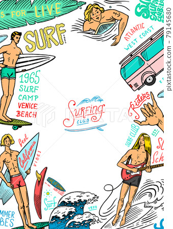 Surf poster. Vintage Surfer banner. Retro Wave and palm. Summer California card. Man on the Surf poster. Vintage Surfer banner. Retro Wave and palm. Summer California card. Man on the 79145680