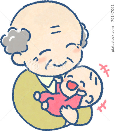 Illustration of a grandpa holding a baby laughing happily (full color) 79147061
