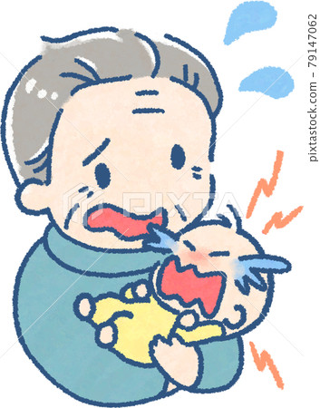 Illustration of a grandpa who is confused by the baby he holds (full color) Illustration of a grandpa who is confused by the baby he holds (full color) 79147062