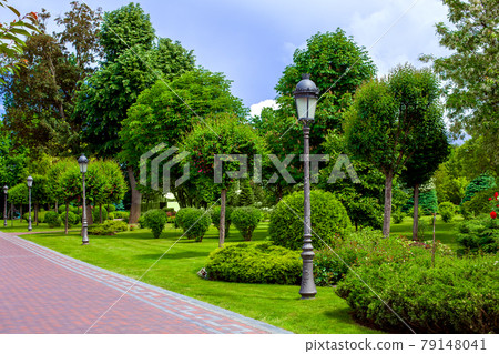 flower bed with bushes and flowers in a park with an iron lanterns pillar of street lighting in a garden near a walkway made of stone tile with a landscape on a sunny summer day, nobody. flower bed with bushes and flowers in a park with an iron lanterns pillar of street lighting in a garden near a walkway made of stone tile with a landscape on a sunny summer day, nobody. 79148041