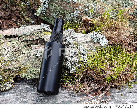 Unbranded black plastic spray and green forest moss. Front view, mockup. Cosmetic bottle container for branding of medicine or cosmetics. Natural organic spa body mist. 79148114