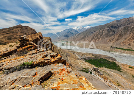 Aerial view of Spiti valley and Key gompa in Himalayas 79148750