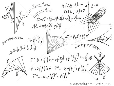 Mathematical formulas drawn by hand on a white chalkboard for the background. Vector illustration. 79149470