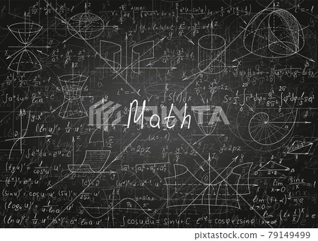 Mathematical formulas drawn by hand on a black unclean chalkboard for the background. Vector illustration. 79149499