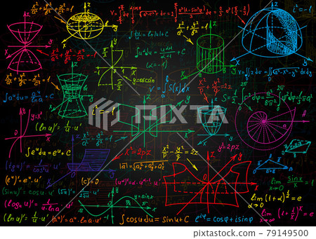 Mathematical colorful formulas drawn by hand on a black unclean chalkboard for the background. Vector illustration. 79149500