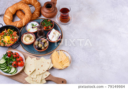 Traditional Turkish breakfast with meze and simit Traditional Turkish breakfast with meze and simit 79149984