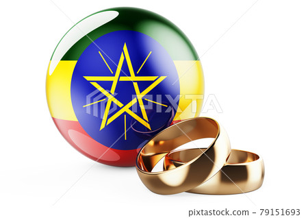 Weddings in Ethiopia concept. Wedding rings with Ethiopian flag. 3D rendering 79151693