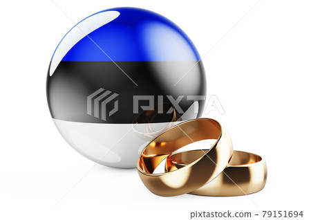 Weddings in Estonia concept. Wedding rings with Estonian flag. 3D rendering Weddings in Estonia concept. Wedding rings with Estonian flag. 3D rendering 79151694