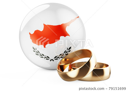 Weddings in Cyprus concept. Wedding rings with Cypriot flag. 3D rendering 79151699