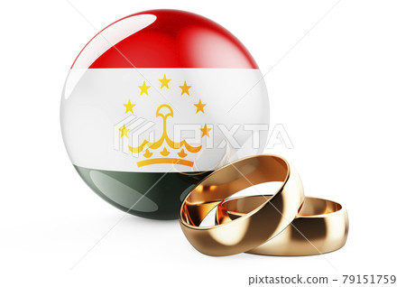 Weddings in Tajikistan concept. Wedding rings with Tajik flag. 3D rendering Weddings in Tajikistan concept. Wedding rings with Tajik flag. 3D rendering 79151759