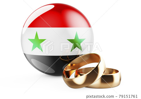 Weddings in Syria concept. Wedding rings with Syrian flag. 3D rendering Weddings in Syria concept. Wedding rings with Syrian flag. 3D rendering 79151761