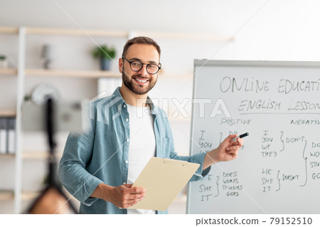Portrait of happy young male teacher standing near blackboard with English grammar rules, conducting internet lesson Portrait of happy young male teacher standing near blackboard with English grammar rules, conducting internet lesson 79152510