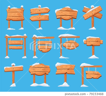 Wood board with snow. Cartoon winter wooden signposts covered with snow. Christmas holidays arrow sign, hanging direction signboard vector set Wood board with snow. Cartoon winter wooden signposts covered with snow. Christmas holidays arrow sign, hanging direction signboard vector set 79153488