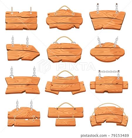 Hanging wood board. Cartoon wooden signboards hang on ropes or chains. Rustic empty message banners, direction signs, ribbons vector set Hanging wood board. Cartoon wooden signboards hang on ropes or chains. Rustic empty message banners, direction signs, ribbons vector set 79153489