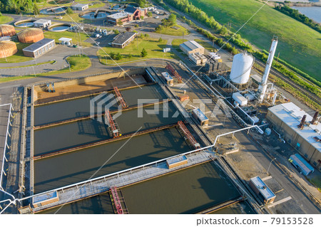 Aerial view of basins for sewage water aeration and cleaning in process of sewage treatment on Biological treatment water Aerial view of basins for sewage water aeration and cleaning in process of sewage treatment on Biological treatment water 79153528