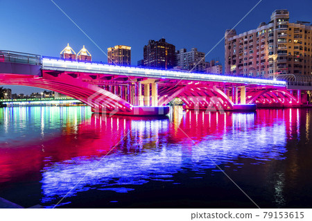 The LED light show of the old iron bridge in Lingya District, Kaohsiung Harbor, Taiwan. 79153615