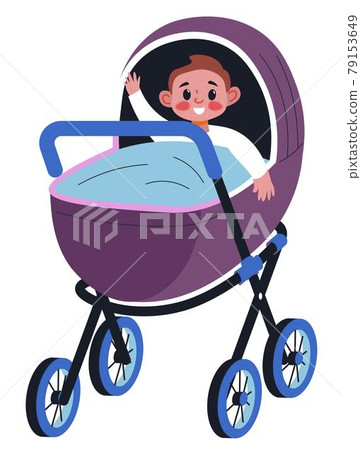Small boy kid sitting in perambulator with blanket 79153649