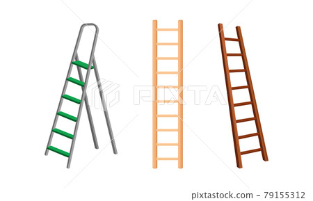 Wooden and Metal Step Ladder for Domestic and Construction Need Vector Set 79155312