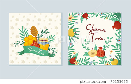 Rosh Hashana Jewish Holiday Greeting Card with Attributes and Symbolic Food Vector Set 79155655