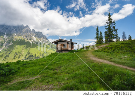 Small hut on hiking trail around Wilder Kaiser mountains, Tirol - Austria Small hut on hiking trail around Wilder Kaiser mountains, Tirol - Austria 79156132