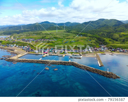 Aerial view of Shizuura fishing port in Matsumae-cho, Hokkaido in early summer 79156387