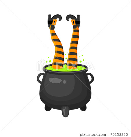 Witch legs upside down in cauldron with green bubbling potion. Halloween design element isolated on white background. Vector cartoon illustration Witch legs upside down in cauldron with green bubbling potion. Halloween design element isolated on white background. Vector cartoon illustration 79158230