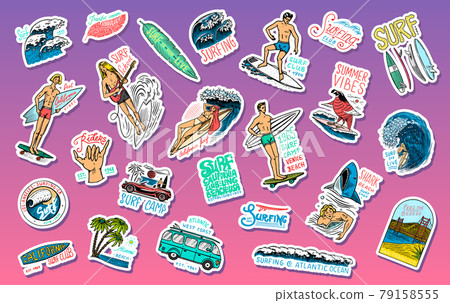 Surf badges, Vintage Surfer logo. Retro Wave and palm. Summer California pins set. Man on the Surf badges, Vintage Surfer logo. Retro Wave and palm. Summer California pins set. Man on the 79158555