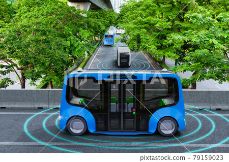 Autonomous electric shuttle bus self driving across city green road, Smart vehicle concept Autonomous electric shuttle bus self driving across city green road, Smart vehicle concept 79159023