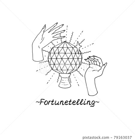 Line art illustration of hand drawn witch hands holding crystal ball. Lettering text fortunetelling. Line art illustration of hand drawn witch hands holding crystal ball. Lettering text fortunetelling. 79163037