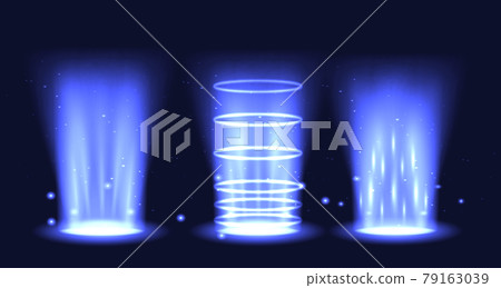 Portal set light effect hologram. Magic circle teleport podium. Ufo swirl beam and ray energy funnel Portal set light effect hologram. Magic circle teleport podium. Ufo swirl beam and ray energy funnel 79163039