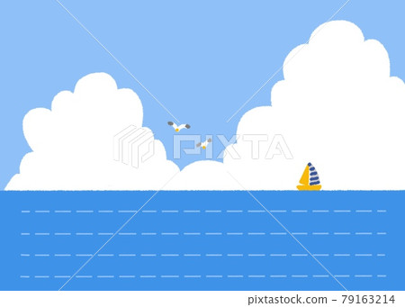 夏季海天背景插圖、海中游艇、積雨雲和天空中的海鷗 79163214