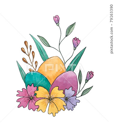 Illustration of a watercolor sketch with eggs and flowers for the Easter holiday, fucking background, postcard, banner. 79163390