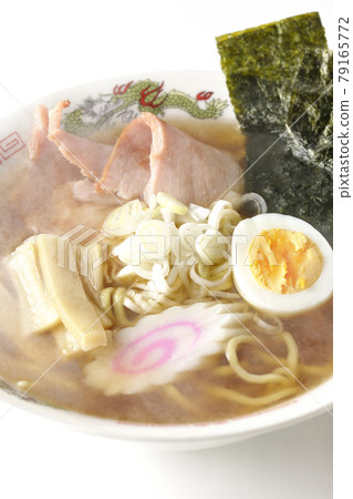 A traditional hot soy sauce ramen that you can eat at a stall with various ingredients such as char siu on a white background 79165772