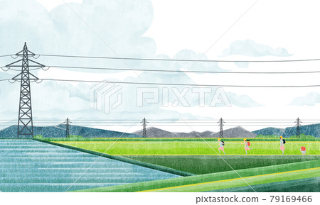 Rural scenery with a steel tower (elementary school students going to and from school) Watercolor-style handwritten illustrations 79169466