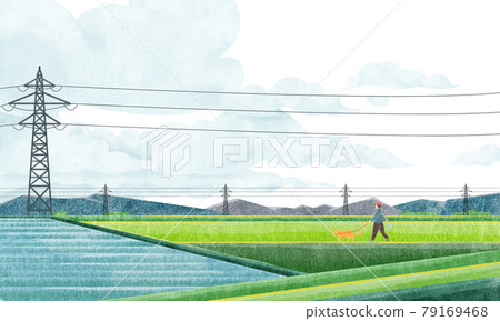 Rural scenery with a steel tower (dog walk) Watercolor style handwritten illustration 79169468